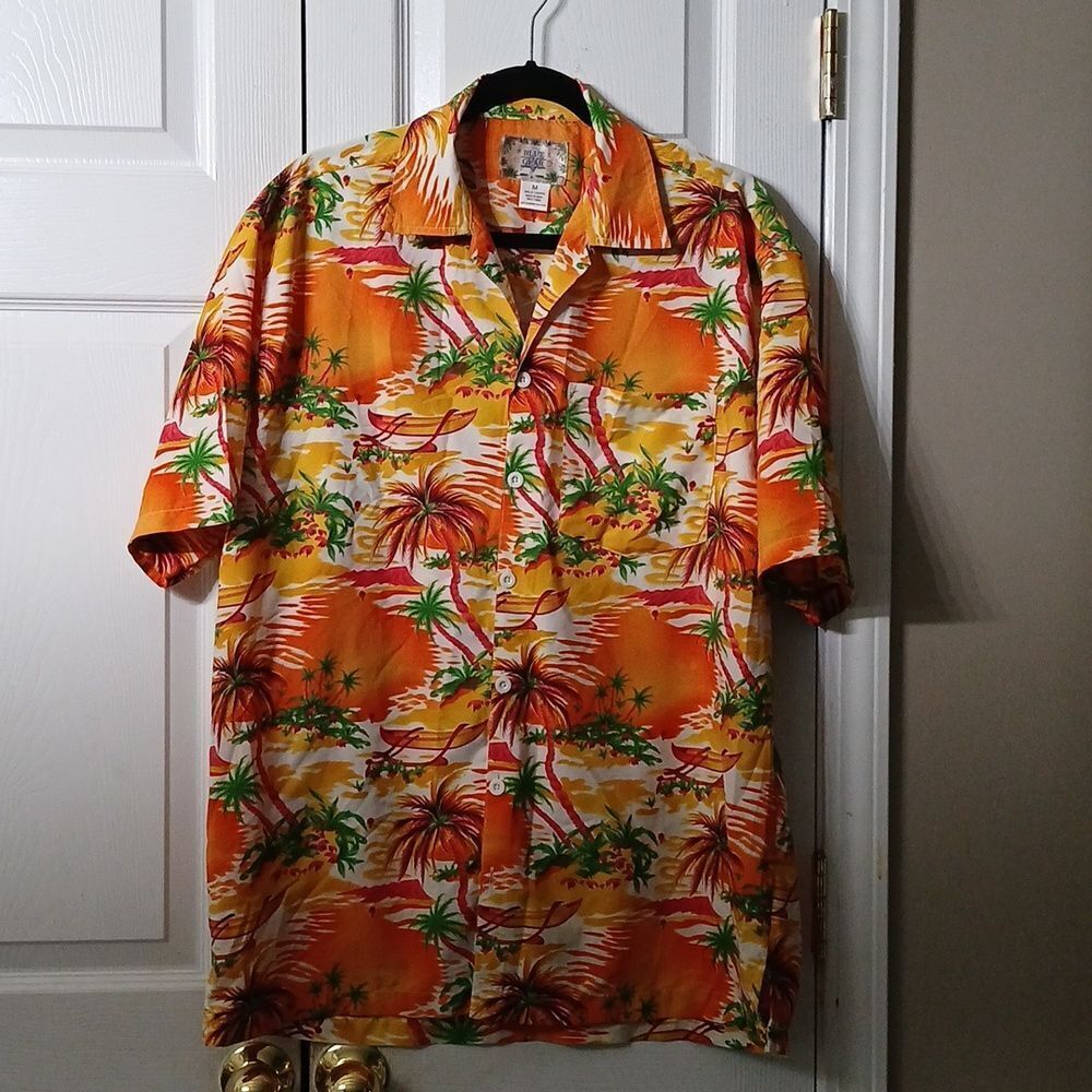 Blue Gear orange floral Hawaiian button down shirt cruise vacation Sz M NWOT